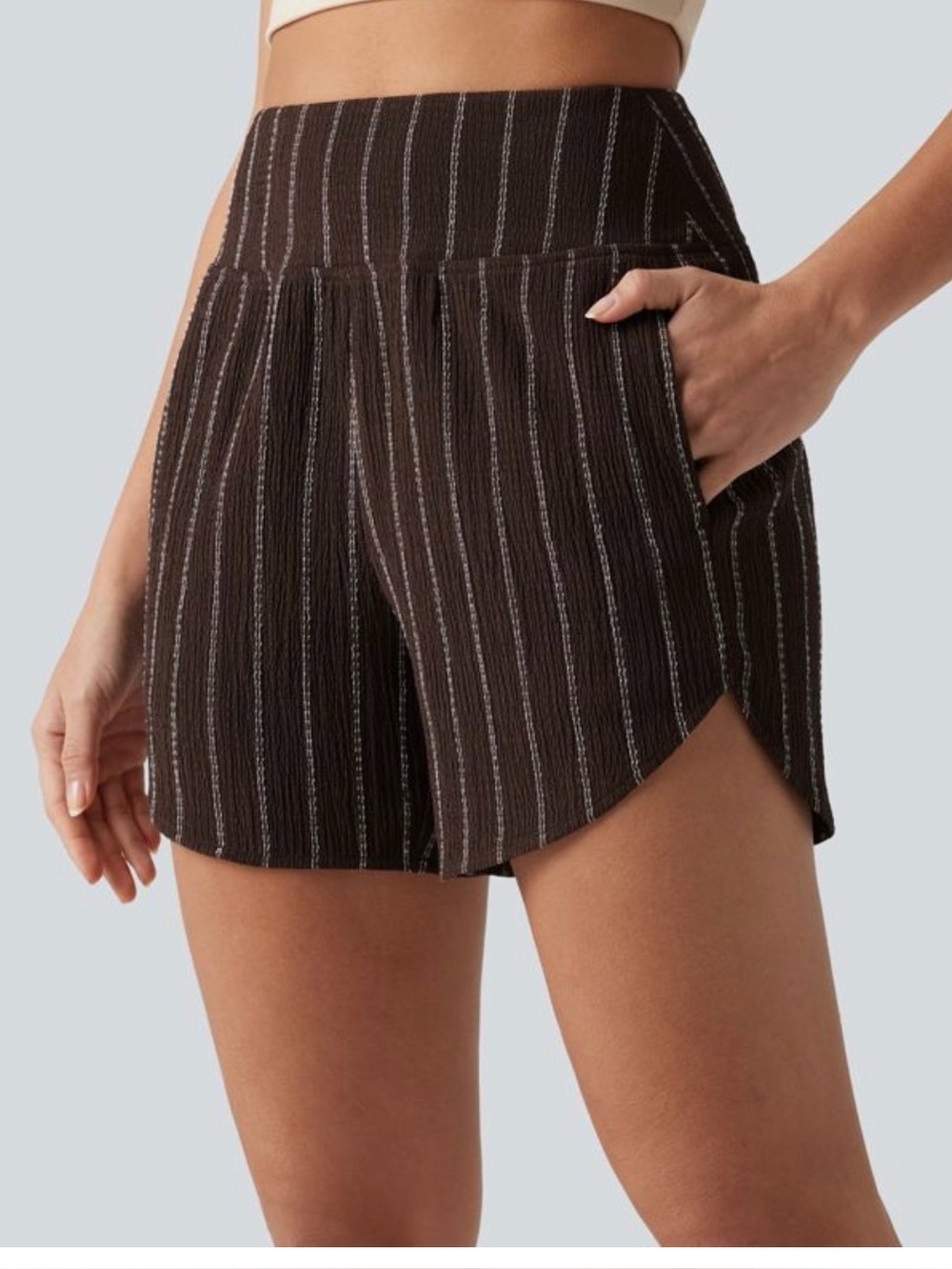 Halara high waisted curved hem shorts with pockets - cafe dual stripe - Large